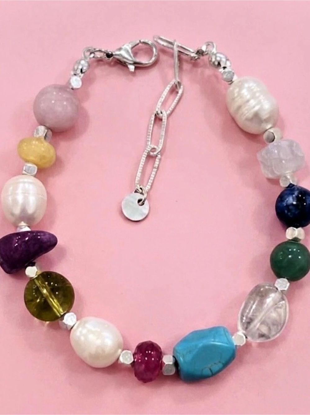 Multicolor Beaded Stone And Pearl Bracelet